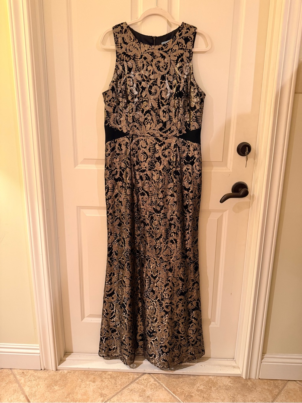 Antonio Melani Elegant Black and Gold Lace Evening Gown